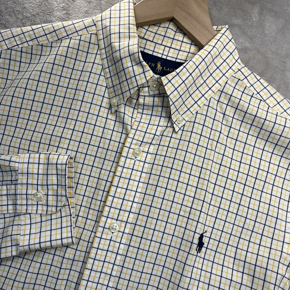 Ralph‎ Lauren Shirt Button Down Men M Yellow Blue White Plaid Cotton Long Sleeve
